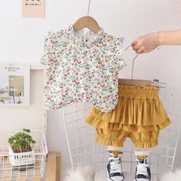 Clothing Sets Baby Girl Clothes 9 To 12 Months Outfit 2024 Summer Floral Stand Up Collar Short Sleeved T-shirts And Shorts Children's