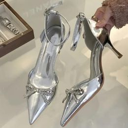 Dress Shoes 2024 Summer Rhinestone Bow High For Women Heels Sexy Pointed Slingbacks Pole Dancing Wedding Zaptos Mujer