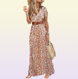 Womens Long Dress Summer Vneck Boho Belted Maxi Dress Casual Sexy Party Dress Ladies Bohemian Beach Holiday Sundress6813785