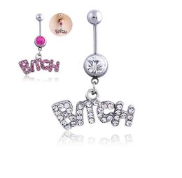 2019 New White Stainless Steel Rhinestone Sexy BITCH Letter Dangle Navel Belly Button Ring Body Piercing 2 Colors3616692