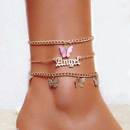 Anklets 3 Pcs/Set Retro English Angel Letter Anklet For Women Sweet Butterfly Pendant Multi-layered Summer Beach Boho Jewellery