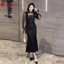 Casual Dresses ZEEROMER 2024 Spring French Vintage Mesh Patchwork Bodycon Mermaid Midi Dress Women O Neck Flare Sleeve Ruffles Party