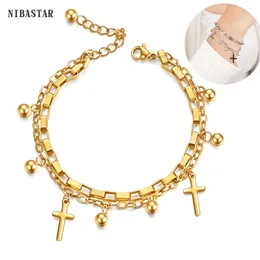 Charm Bracelets Double Stainless Steel Cross Bracelet For Women Fashion Gold Colour Beads Chain Bangle Classic Design Lady Jewellery