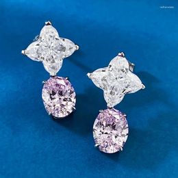 Stud Earrings Imported High Carbon Diamond Clover 11 11mm Inlaid Oval Pink With Luxurious Inlay Style Niche