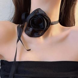 Pendant Necklaces Dark Black Ribbon Rose Flower Necklace Female Design Retro French Jewellery
