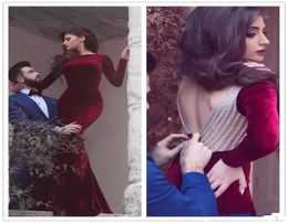 Burgundy Velvet Sexy Back New Arrival 2019 Mermaid Prom Party Dresses Jewel Long sleeve with Beading covered button dresses evenin9780063