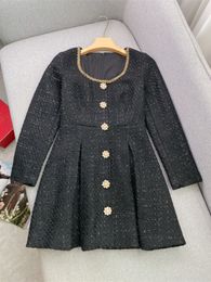 Spring Black Solid Colour Beading Tweed Dress Long Sleeve Scoop Neckline Buttons Short Casual Dresses W3D283968