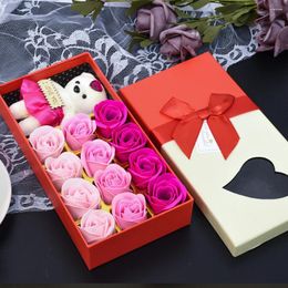 Decorative Flowers 12 Pcs Set Flower Soap Rose With Bear Doll For Women Roses Bath Valentine's Day Wedding Petal Simulation Face