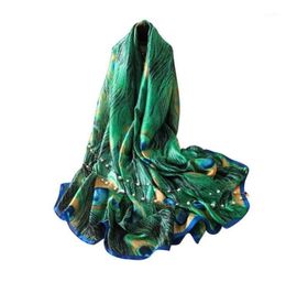 Scarves 180cm Green Peacock Feather Silk Shawl Scarf Spain Wrap Caps Bandanas Hijab Brand Arrval Luxury Beach Animal Lovely Fou O48244488