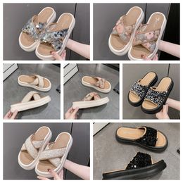 2024 new Luxury Thick soled cross strap cool slippers womens black white Exquisite sequin sponge cake sole one line trendy slippers