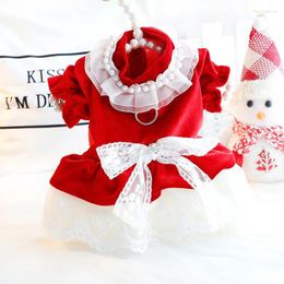 Dog Apparel Retro Red Velvet Pet Clothes 2024 Autumn Cotton Lace Bow Cute Princess Dress For Small Medium Puppy Wedding Skirts