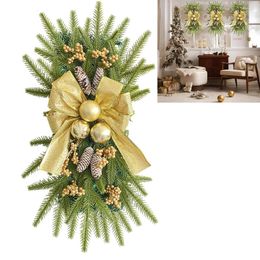 Decorative Flowers Door Swag Garland Shiny Christmas Decoration Stair Wreath With Silk Ribbon Trim Prelit Stairway For Home Decor