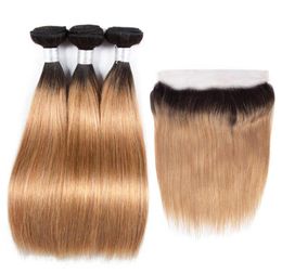 Colour 1B27 Peruvian Straight Ombre Bundles with Lace Frontal Malaysian Indian Brazilian Virgin Human Hair Weave 3 Bundles with Cl7732840