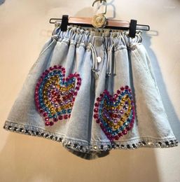 Women's Jeans Luxury 2024 Summer Women Denim Shorts Colour Love Diamonds Beading Elastic High Waist Wide Leg Pants A-line