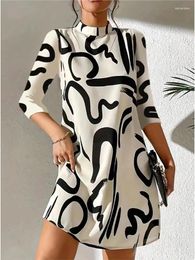 Casual Dresses Fashion O-neck 3/4 Sleeve Print Mini Dress Women 2024 Spring Summer Office Ladies Elegant Party For Woman Robe