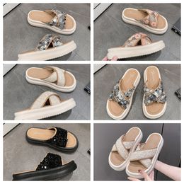 2024 Thick soled cross strap cool slippers women white Exquisite sequin sponge cake sole one line trendy slippers