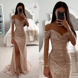 Fabulous Mermaid Champagne Prom Dresses Off Shoulder Glitter Sequins Evening Dress Pleats Split Formal Long Special Occasion Party dress