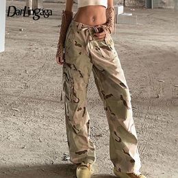 Women's Jeans Vintage Camouflage Cargo Pants Women Tie Up Streetwear Pockets Denim Grunge Fairycore Straight Leg Baggy Capris