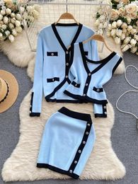 Work Dresses Sexy Fashion Knitted Suit Women's Summer High Quality Ins Korean Style Cardigan Vest Skirt Design Sense Slim-Fit 3-Piece Set