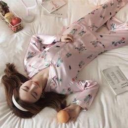 Home Clothing Silk Satin Turn-down Collar Pajama Sets For Women 2024 Autumn Long Sleeve Pijama Homewear Pyjama Female Loungewear