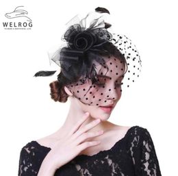 Stingy Brim Hats WELROG Women Fancy Feather Party Wedding Headwear Fascinators Veil Dot Print Yarn Headband With Clips4079507