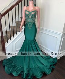 Party Dresses Green Satin Long Mermaid Prom 2024 For Black Girls Beaded Appliques Wedding Gown Formal Evening