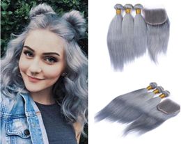 New Arrive Pure Colour Grey Lace Closure With Bundles Straight Grey Hair Bundles Brazilian Virgin Remy Human Hair Silver Grey Hair 5072679