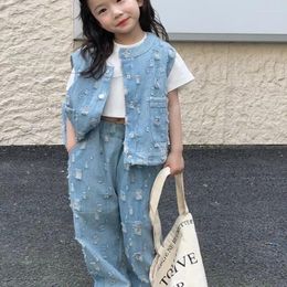 Clothing Sets 2024 Girls 2 Pcs Set Denim Vest Long Pants Summer Cotton Fashion Kids Suits 2-8 Years WW722