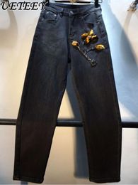 Women's Jeans Heavy Industry Beads Diamond-Embedded Flower Black Women High Waist Slimming Stretch Cropped Pants 2024 Autumn Bottoms