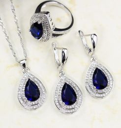 Bague Ringen Water Drop Shaped Sapphire Silver 925 Jewellery Sets for Women Blue Gemstones Ring Earrings Necklace Bracelet Wedding M6828975
