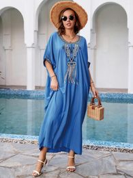 Retro Embroidery O Neck Batwing Sleeve Kaftan Dress Beachwear Swimsuit Cover-ups 2024 Women Summer Plus Size Robe Cover Up Q1585