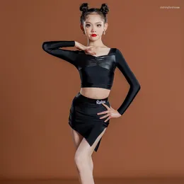 Stage Wear Black Latin Dance Costume Girls Long Sleeve Tops Skirt Samba Rumba Practice Outfit ChaCha Dancing Performance Clothing DL10037