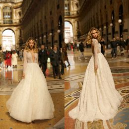 Berta Beloved Wedding Dresses Deep V Neck Long Sleeves Lace Bridal Gowns Open Back Sweep Train A-Line Wedding Dress