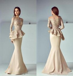 Champagne Lace Long Sleeves Mermaid Evening Dresses Arabic Sheer Mesh Top Satin Peplum Floor Length Formal Party Prom Dresses BA817615988