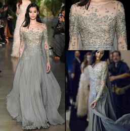 2020 New Grey A Line Prom Dresses Sheer Long Sleeves Evening Dresses with Beaded Appliques Elegant Red Carpet Dresse 3999482798