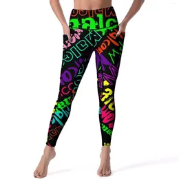 Active Pants Colorful Word Graffiti Yoga Women Letter Print Leggings High Waist Vintage Legging Stretchy Graphic Gym Sports Tights