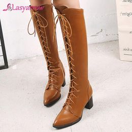 Boots Lasyarrow Women Motorcycle Pointed Toe Chunky Heel Riding Shoes Female Lace Up Knee High Black Brown Size 48