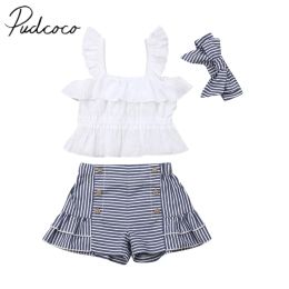 Shorts 2020 Summer Baby Clothing Toddler Kids Baby Girl Clothes Sets Sleeveless Strap Tops+striped Shorts+headband 3pcs Outfits 6m30m