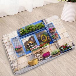 Bath Mats Retro Flower Window Bathroom Mat Old Brick Wall Blinds Flowers Plant Landscape Entrance Doormats Kitchen Bedroom Non-Slip Rugs