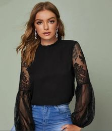 women designers clothes high neck lace lantern sleeve top fashion mesh blouse womens long sleeve pattern printing ladies tops6163501