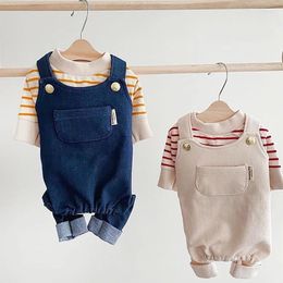 Dog Apparel Pet Clothes Suspender Pants Items Shirt Stripe Denim Soft Spring Autumn Leisure Casuals For Small Medium Two-piece Set