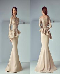 2020 Champagne Dubai Arabic Mermaid Prom Dresses Wear Scoop Neck Lace Stain Peplum Long Sleeves Floor Length Party Evening Formal 4287057