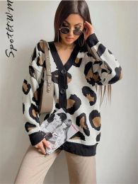 Dresses Leopard Print Cashmere Women Knitted Cardigan Sweater Female V Neck Long Sleeve Button Knitwear Autumn Thick Warm Female Jumpers