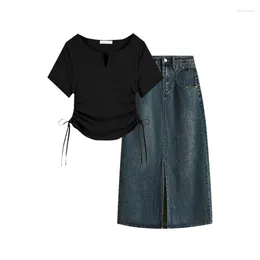 Work Dresses Women Two-piece Large Size Drawstring T-shirt Slit Denim Skirt Summer Slimming Suit Round Neck Top Temperament Trendy