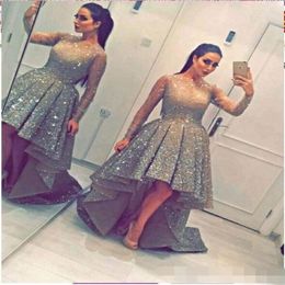 2019 Sparkly Sequins Prom Dresses O Neck High Low Long Sleeve Ruffles Formal Evening Dresses Arabic Dubai Style7956227