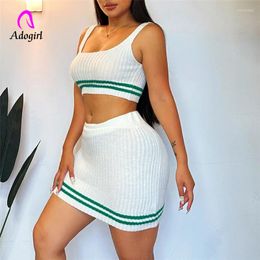 Work Dresses Fitness Striped Knitted Two Piece Sets Women Y2K Tanks Crop Top High Waist Bodycon Mini Skirts Stretch Streetwear Suits