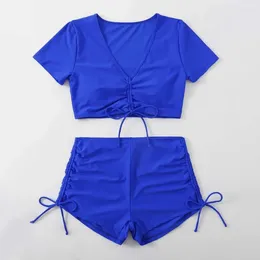 Women's Swimwear Bow Tie Swimsuit Sexy Bikini Stylish Summer Set With V-neck Short Sleeve Tops High Waist Drawstring For Beach