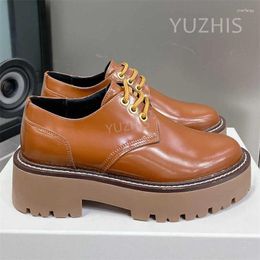 Dress Shoes Vintage Brand Platform Loafers For Women High Quality Real Leather Casual Lace Up Chunky Heel British