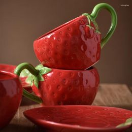 Cups Saucers TingKe European Style Hand Painted Strawberry Shape Underglaze Color Three-dimensional Ceramic Coffee Cup Dish Set Tableware