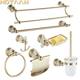 Set Crystal Gold Colour Bathroom Accessories Set Gold Polished Brass Bath Hardware Set Wall Mounted Bathroom Products Banheiro